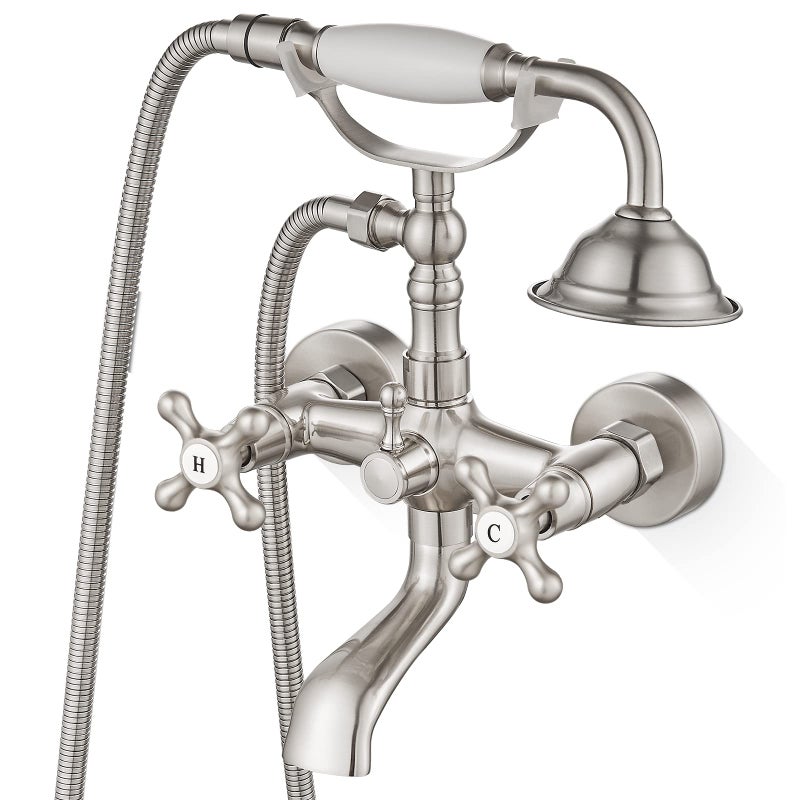 Airuida Wall Mount Bathtub Shower Faucet Kit with Telephone Shaped Handheld Sprayer Double Hot and Cold Water Mixer Tap Wall Mounted Tub Filler Set Vintage Style Cross Handles Brushed Nickel - Image 1